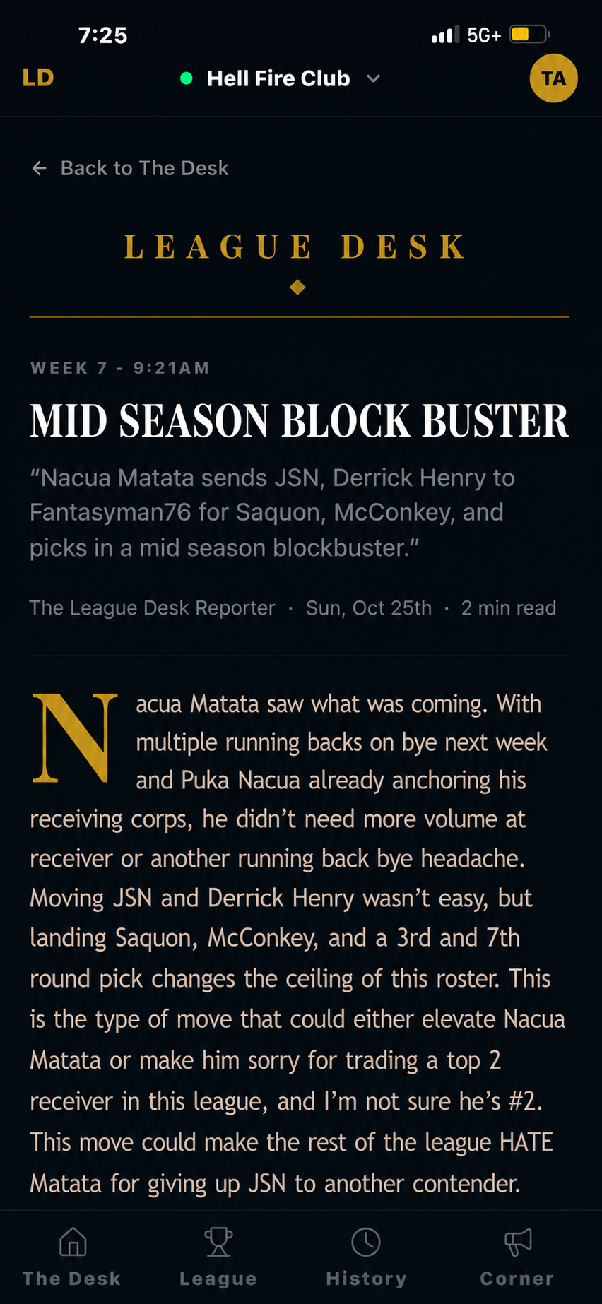 League Desk story covering a mid season blockbuster trade in the league