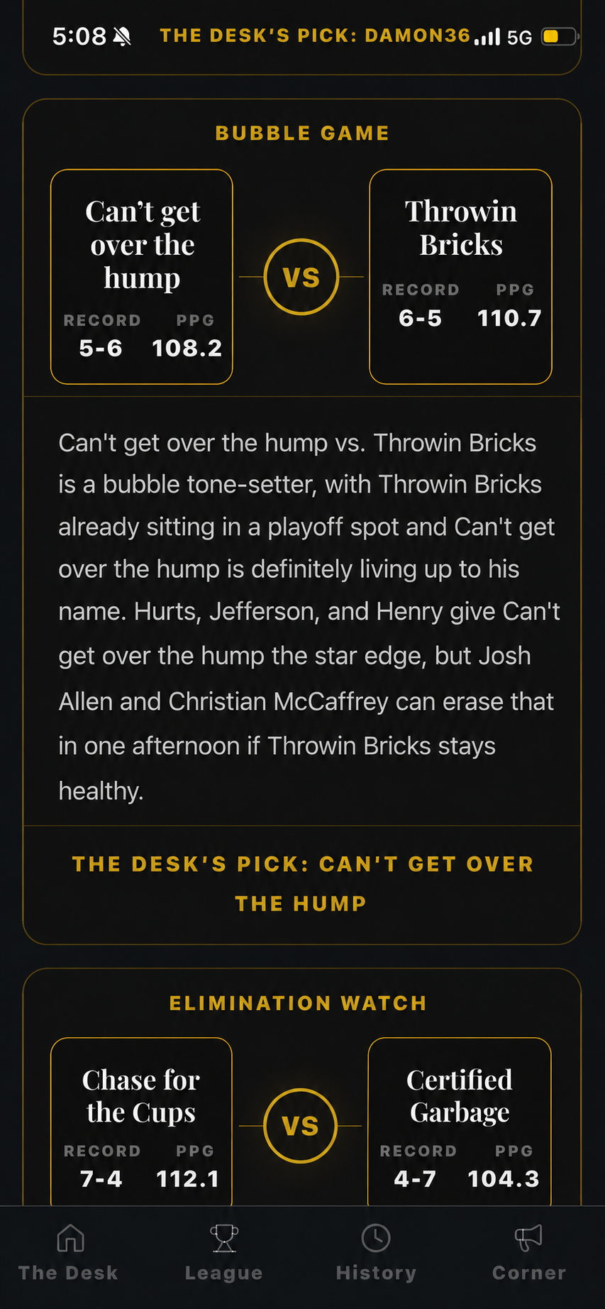 League Desk matchup preview showing the bubble game and elimination watch with The Desk's picks