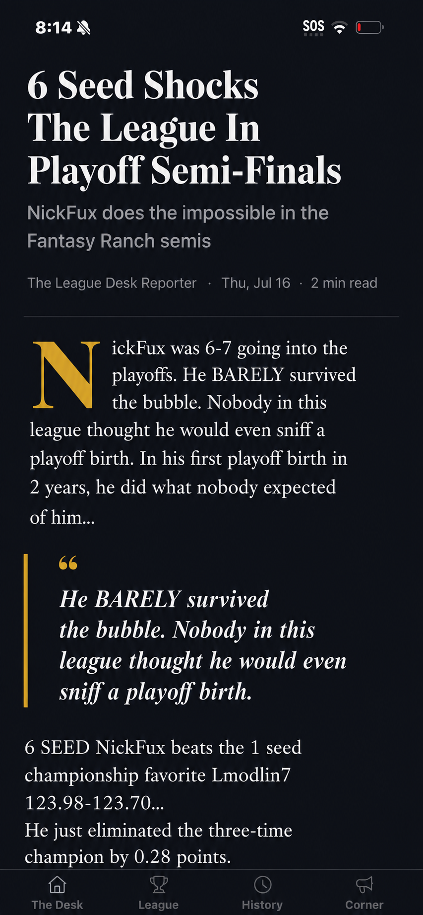 League Desk front page story about a 6 seed shocking the league in the playoff semi-finals
