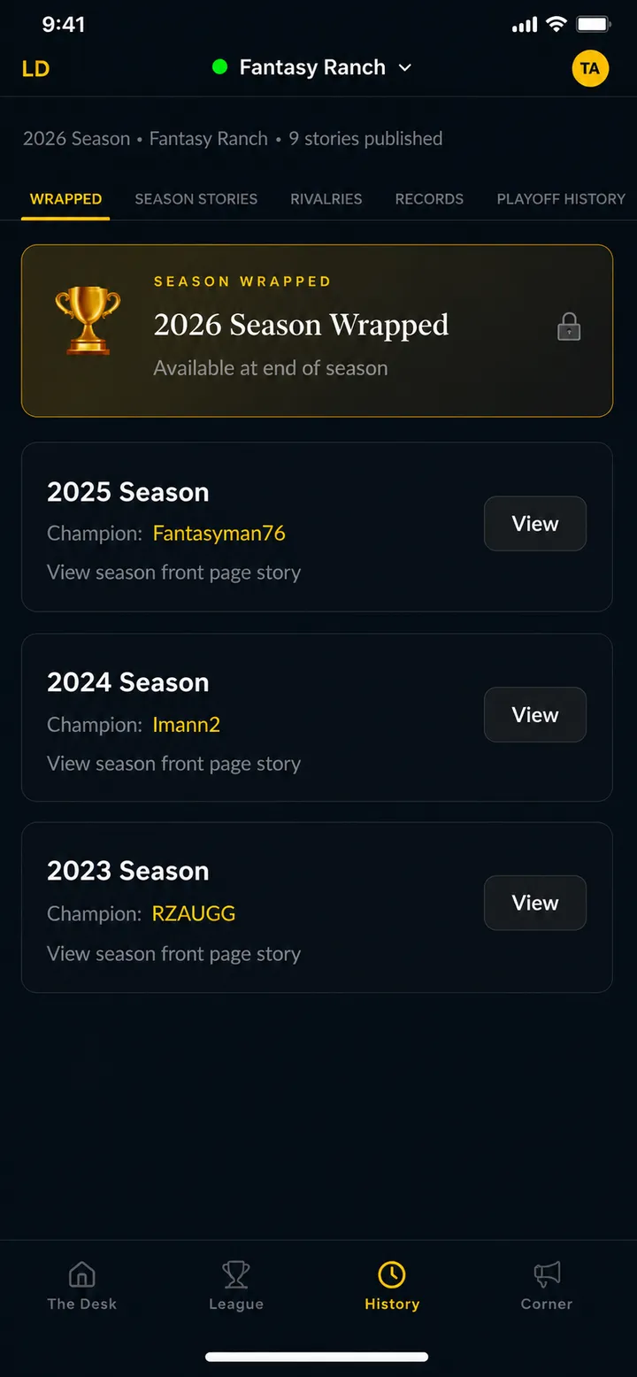 League Desk history tab showing season wrapped, past champions, and season front page stories