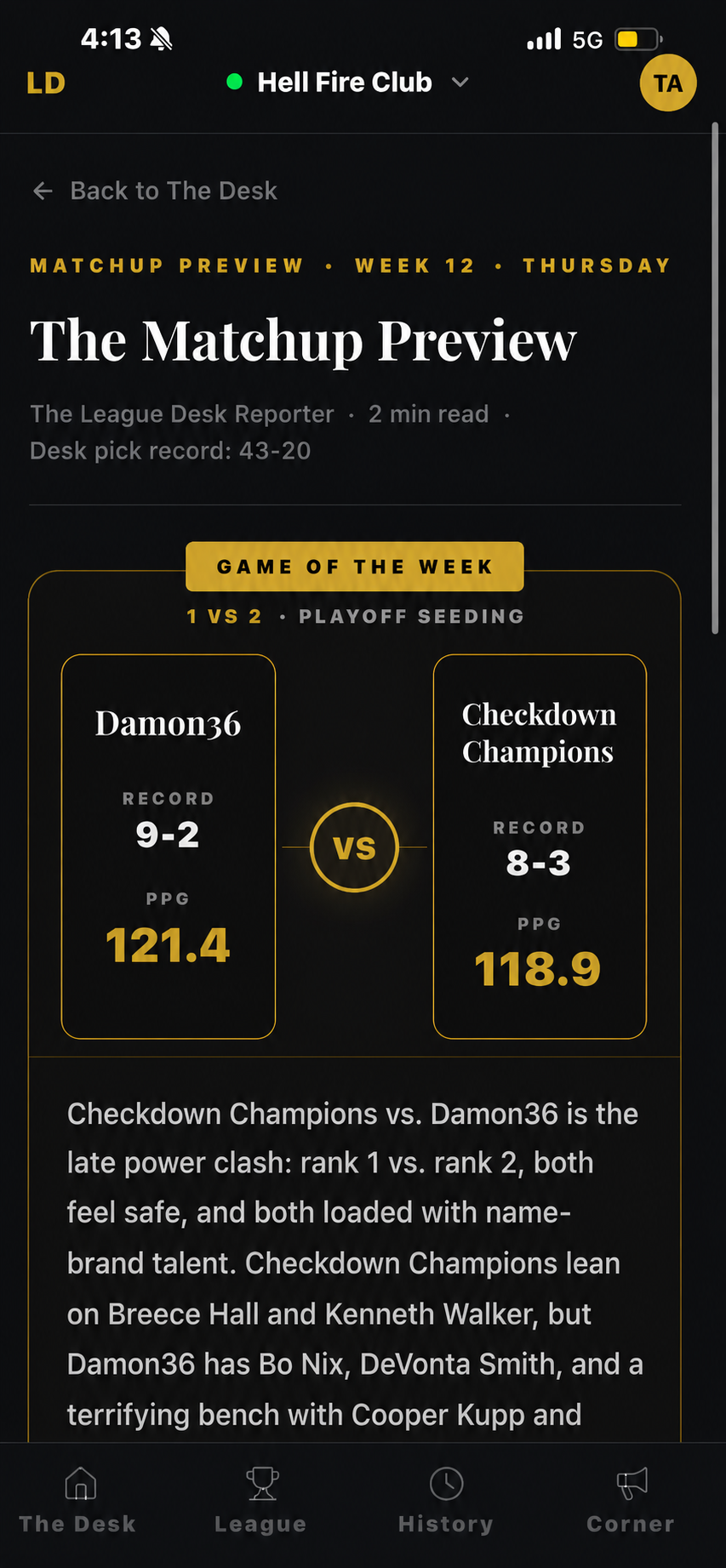 League Desk matchup preview showing the game of the week between two teams with records and points per game